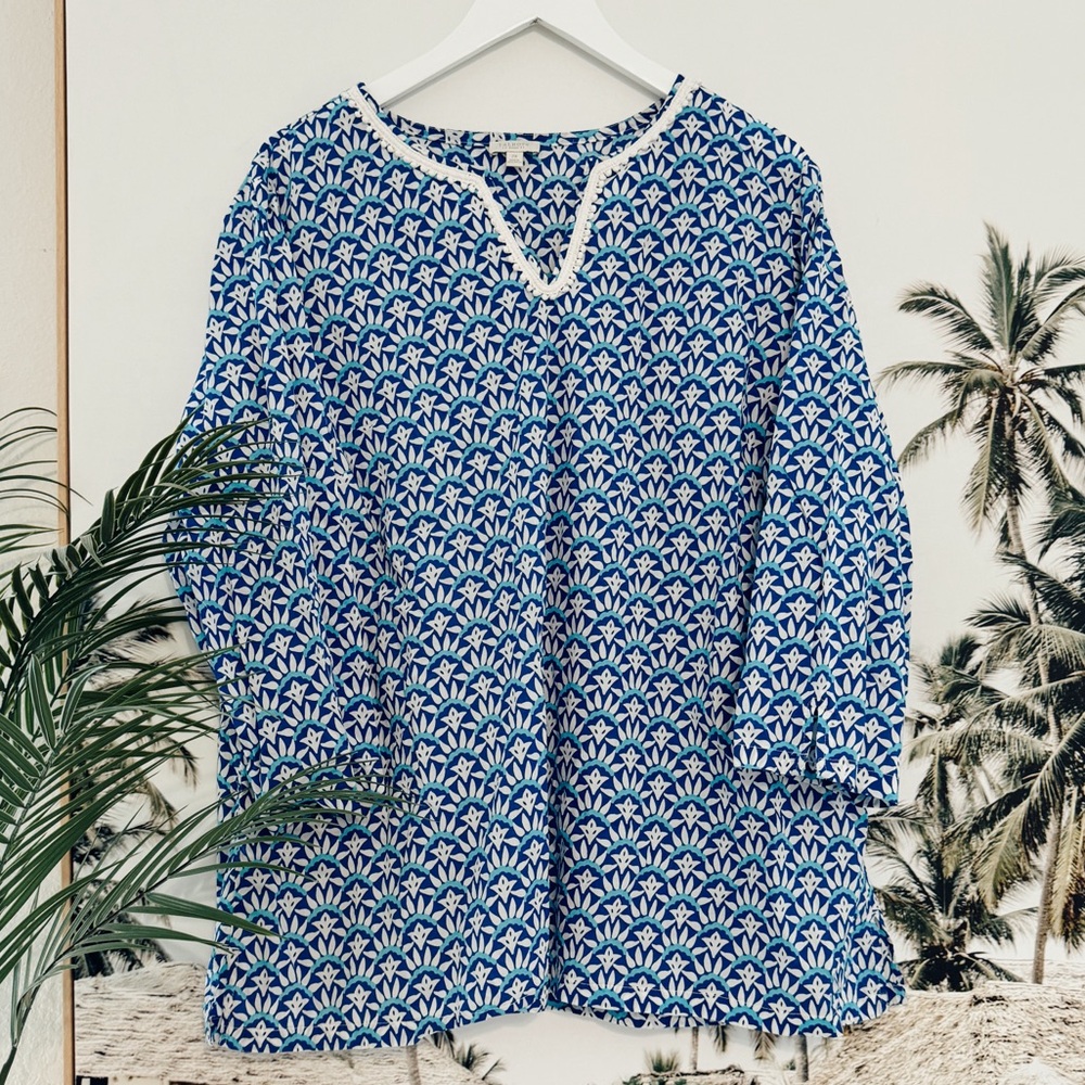 Talbots Tunic Pom Pom Trim Mediterranean Geometric Print Blue Popover Top